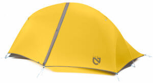 This image shows the NEMO Hornet Elite 2-person backpacking tent with a rain fly