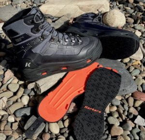 This photo shows Korkers Wading Boots and interchangeable soles to illustrate felt soles vs rubber soled wading boots.