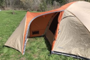 This best camping tent photos shows the vestibule portion of the Cabela's West Wind Dome Tent.