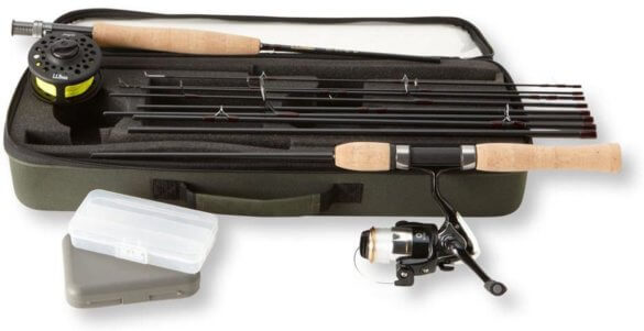 This photo shows the L.L.Bean Spin/Fly Combo Outfit for fly fishing and spin fishing travel. 