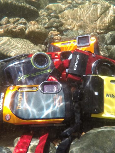 This image shows five of the best waterproof cameras underwater.