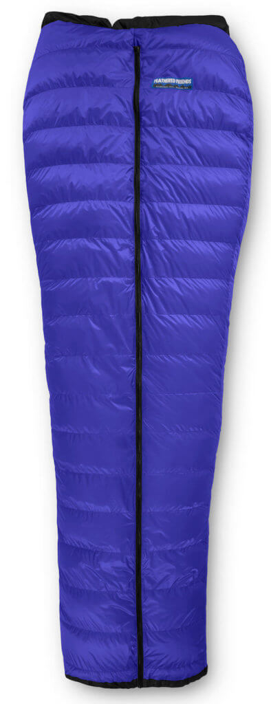 This image shows the Feathered Friends Flicker down quilt sleeping bag.