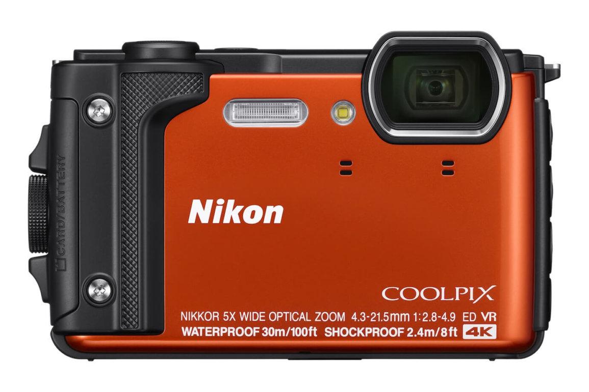 This image shows the front view of the Nikon COOLPIX W300 waterproof camera.