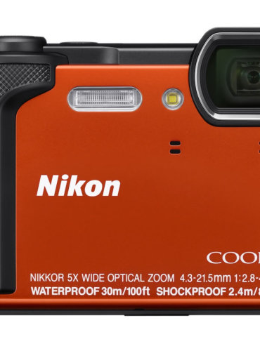 This image shows the front view of the Nikon COOLPIX W300 waterproof camera.