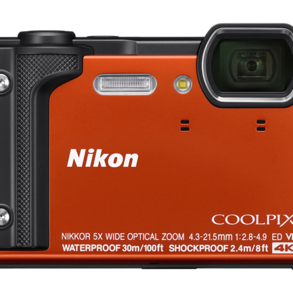 This image shows the front view of the Nikon COOLPIX W300 waterproof camera.