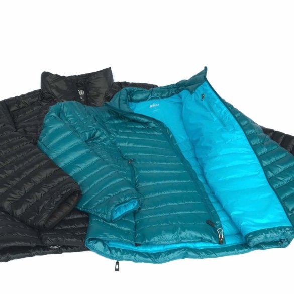 This image shows a men's REI Co-op Magma 850 down jacket next to a women's REI Co-op Magma 850 down jacket.