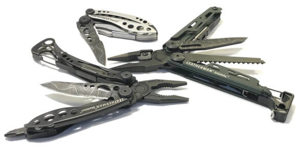 This photo shows the Leatherman Freestyle, Skeletool, and Signal Multi-Tools on a white background.