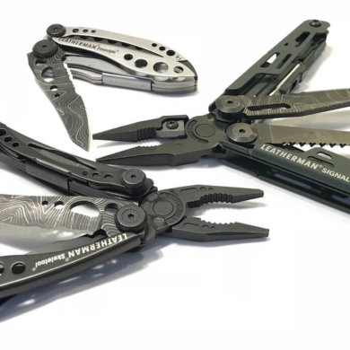 This photo shows the Leatherman Signal Topo Multi-Tool, Leather Skeletool Topo Multi-Tool and the Leatherman Freestyle Topo Multitool.