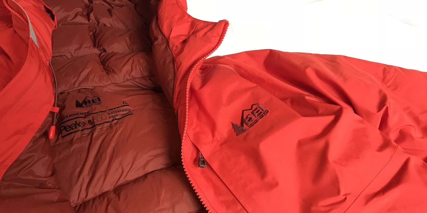 This photo shows a closeup of the REI Co-op Stormhenge 850 Down Jacket men's version.