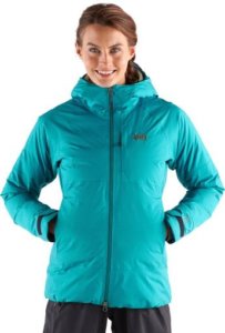 This image shows a woman wearing the REI Co-op Stormhenge 850 Down Jacket.