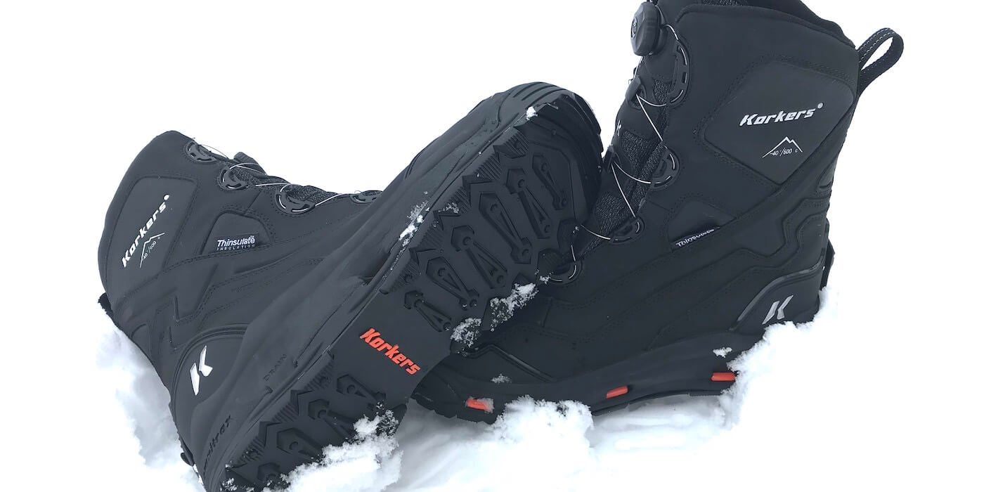 This image shows the Korkers Polar Vortex 600 winter boots in the snow.