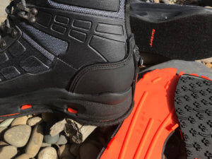 This Korkers WRAPTR review photo show the heel and soles of the WRAPTR wading boots.