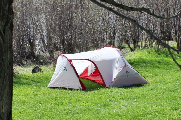 This photo shows the MSR Hubba Tour 2 Tent setup outside.