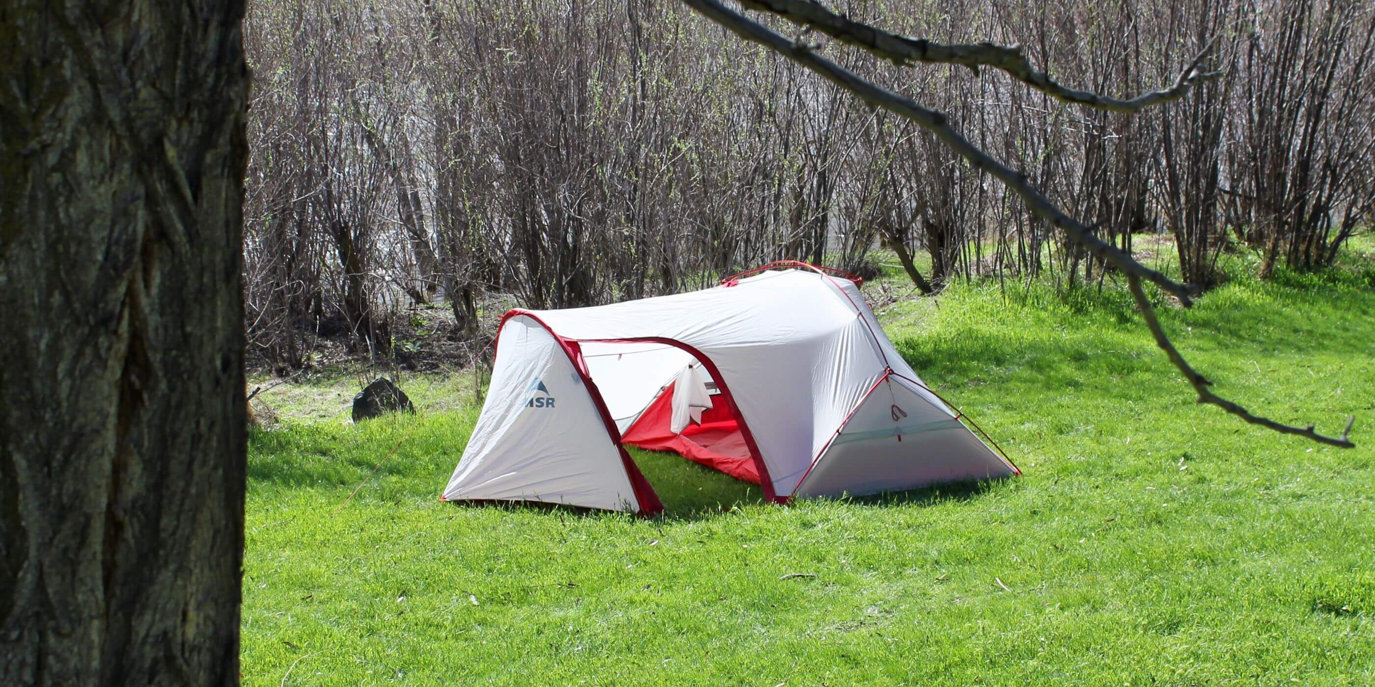 This photo shows the MSR Hubba Tour 2 Tent setup outside.