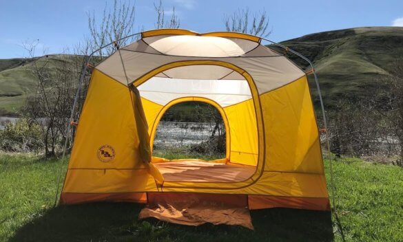 This photo shows the Big Agnes Big House 4 Deluxe tent set up without the rain fly.