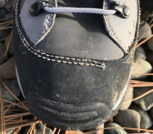 This photo shows the stitch and seam failure in a Patagonia Foot Tractor Wading Boot.