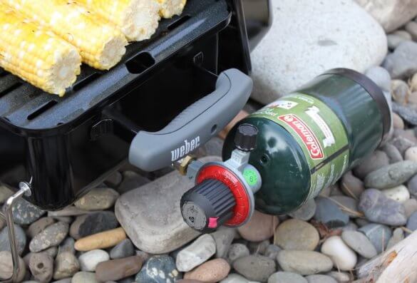 This photo shows a propane canister attached to the Weber Go-Anywhere Gas Grill.