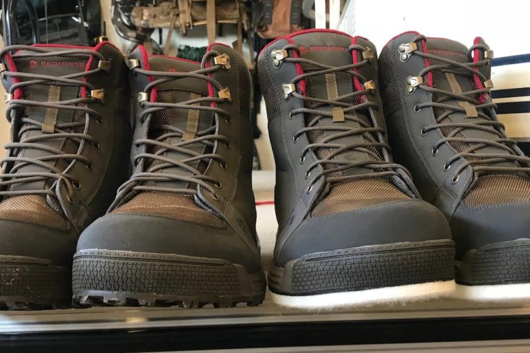 This photos shows the Redington Prowler Sticky Rubber Wading Boots next to the Redington Prowler Felt Wading Boots.