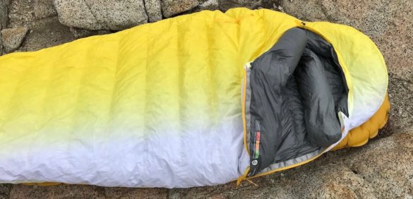 This photo shows the Therm-a-Rest Parsec 20 Sleeping Bag partially unzipped.