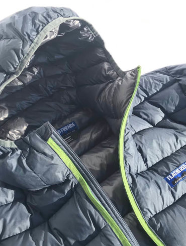 This photo shows a close up of the Feathered Friends Eos Down Jacket.