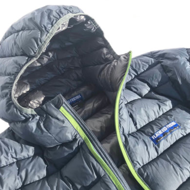 This photo shows a close up of the Feathered Friends Eos Down Jacket.
