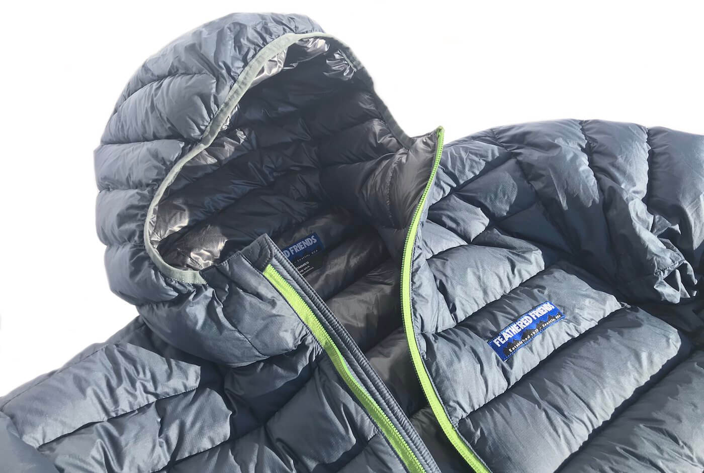 This photo shows a close up of the Feathered Friends Eos Down Jacket.