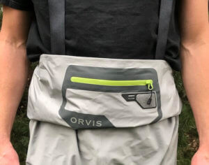 This photo shows the drop-down convertible chest-to-waist waders on the Orvis Ultralight Convertible Wader.