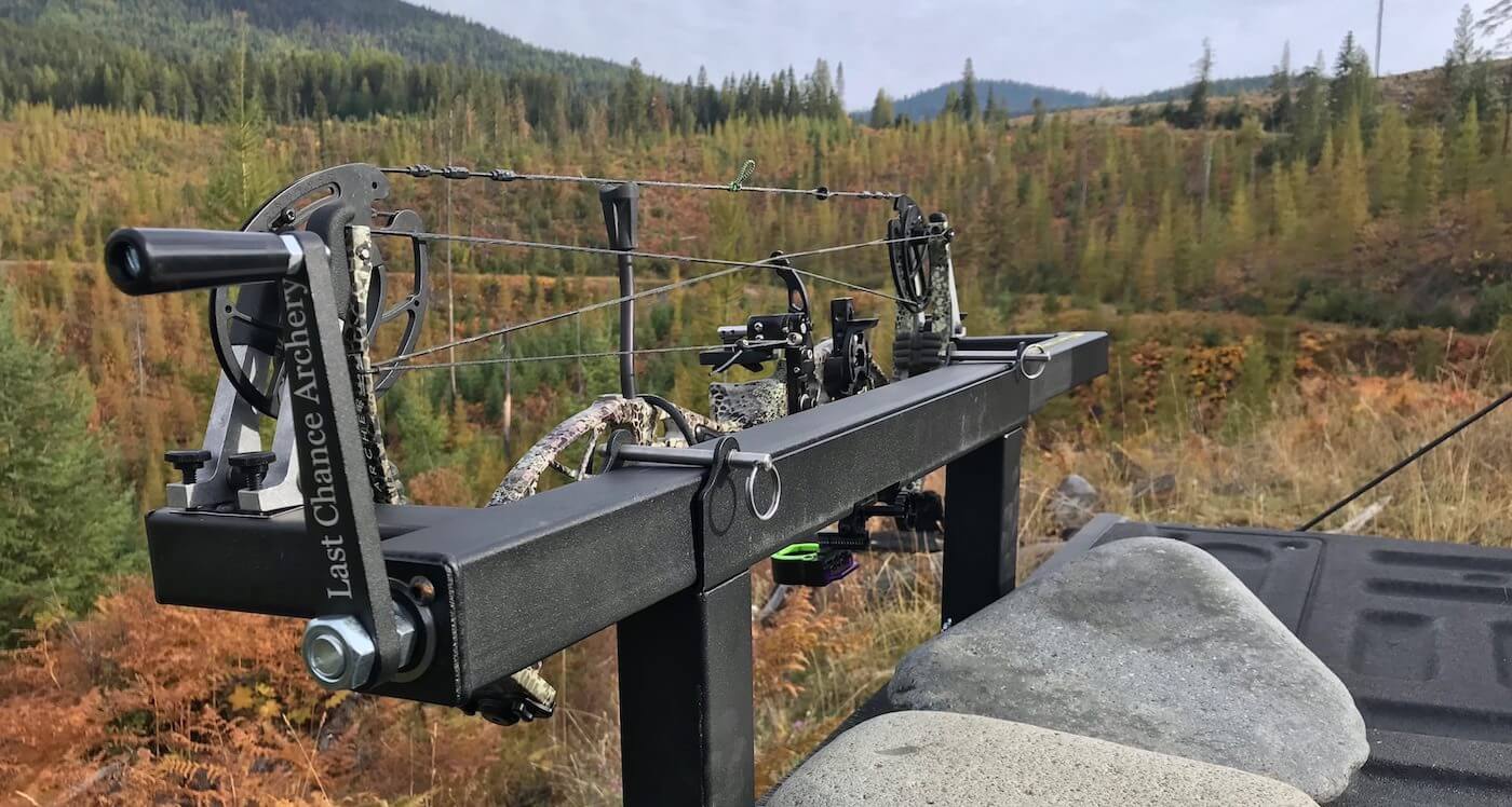 This photo shows the Last Chance Archery PACK-N-GO Portable Bow Press outside.