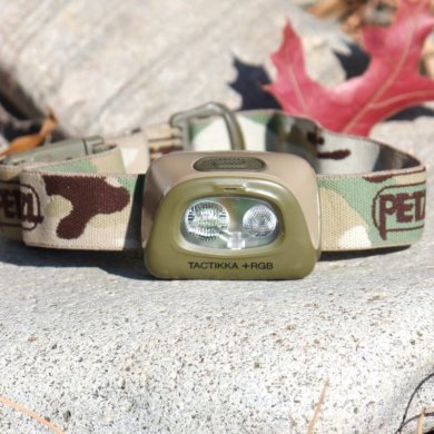 This photo shows the Petzl Tactikka + RGB Headlamp.