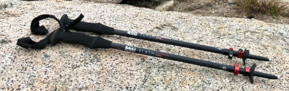 This photo shows the REI Co-op Flash Carbon Trekking Poles in their compact position.