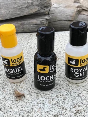 This image shows the Loon Outdoors Aquel, Lochsa and Royal Gel fly floatants.