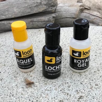 This image shows the Loon Outdoors Aquel, Lochsa and Royal Gel fly floatants.