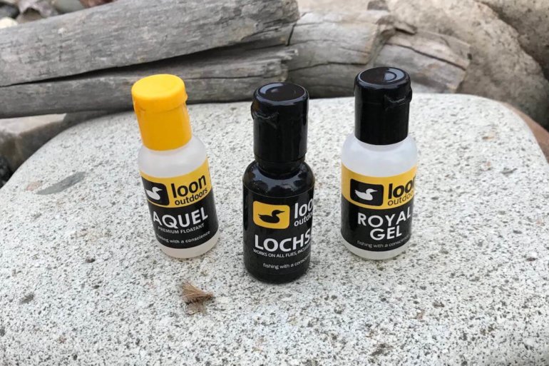 This image shows the Loon Outdoors Aquel, Lochsa and Royal Gel fly floatants.