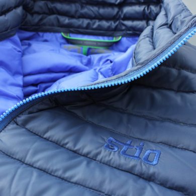 This photo shows a closeup of the collar of the Stio Pinion Down Sweater jacket.