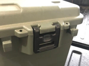 This image shows a close-up of the Plano Sportsman's Trunk medium size latches.