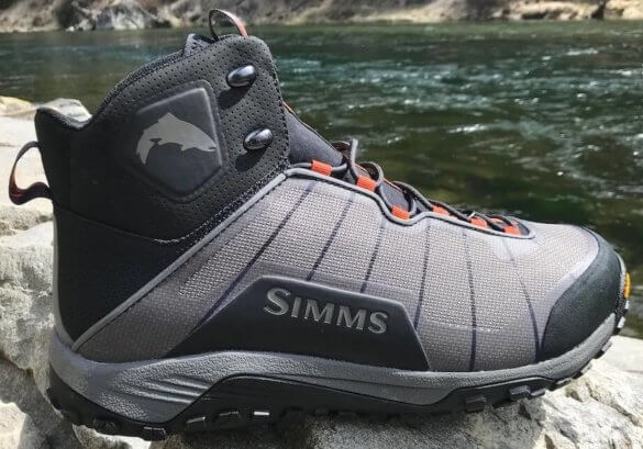 This photo shows a closeup of the Simms Flyweight Wading Boot.