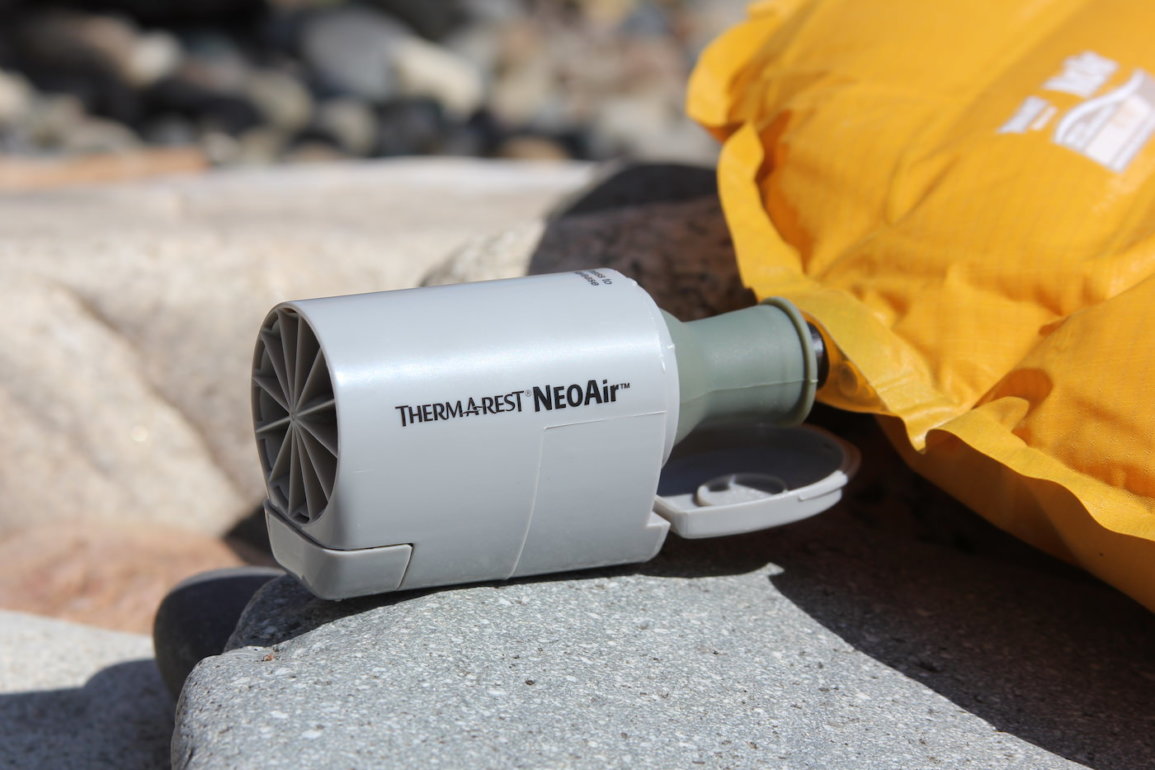This photo shows the Therm-a-Rest NeoAir Mini Pump as it blows up a Therm-a-Rest NeoAir Xlite air mattress.