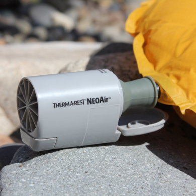 This photo shows the Therm-a-Rest NeoAir Mini Pump as it blows up a Therm-a-Rest NeoAir Xlite air mattress.