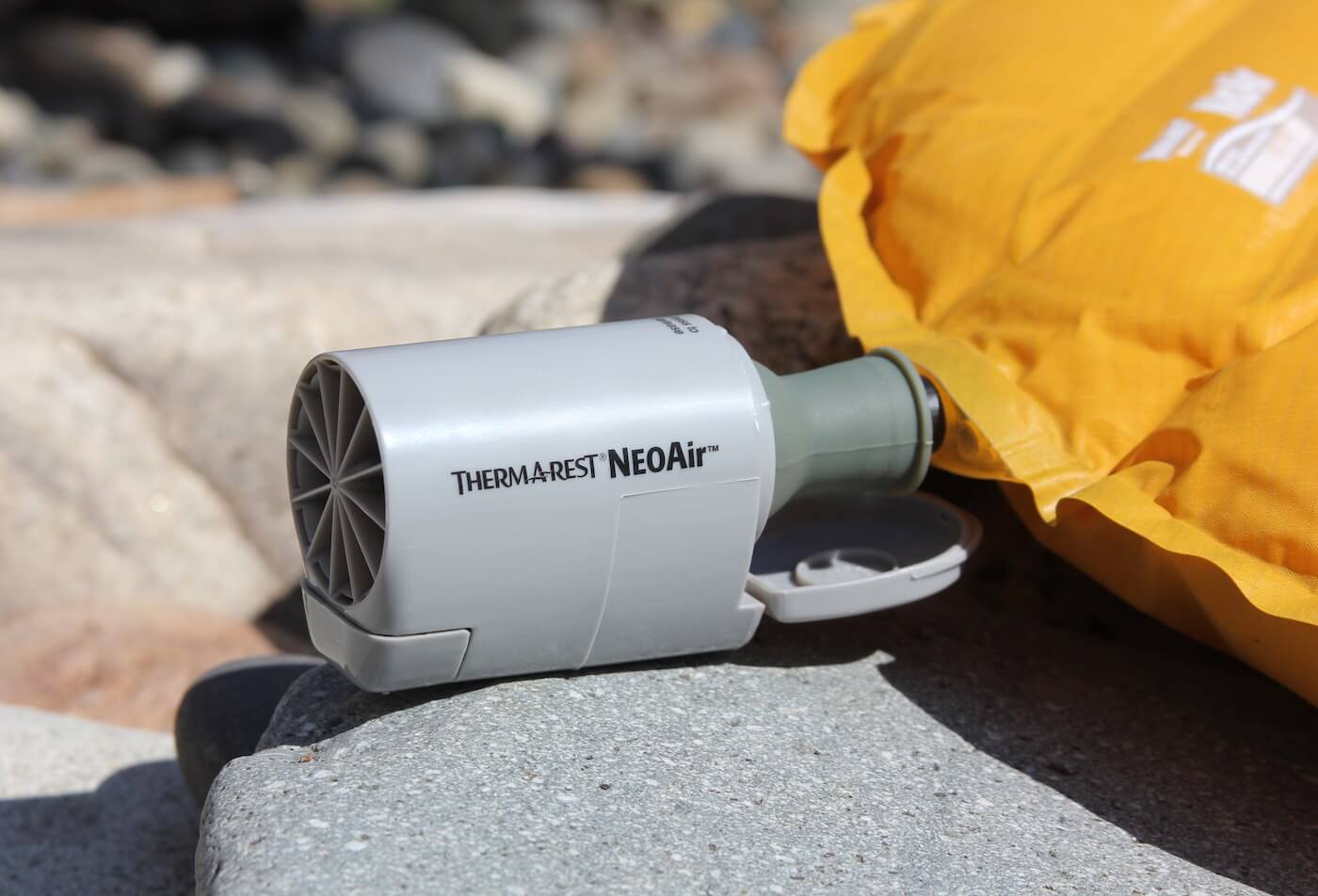 This photo shows the Therm-a-Rest NeoAir Mini Pump as it blows up a Therm-a-Rest NeoAir Xlite air mattress.