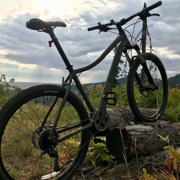 This review photo shows the REI Co-op Cycles DRT 1.2 mountain bike outside.