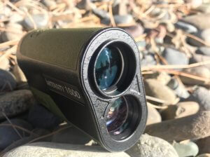 This photo shows the Cabela's Intensity 1600 Laser Rangefinder objective lens.