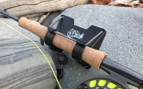 This review photo shows the O'Pros 3rd Hand Rod Holder with a fly fishing rod attached.