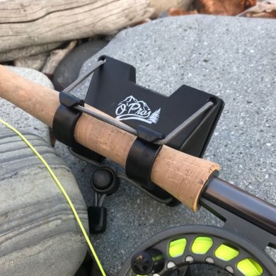 This photo shows the O'Pros 3rd Hand Rod Holder attached to a fly fishing rod.