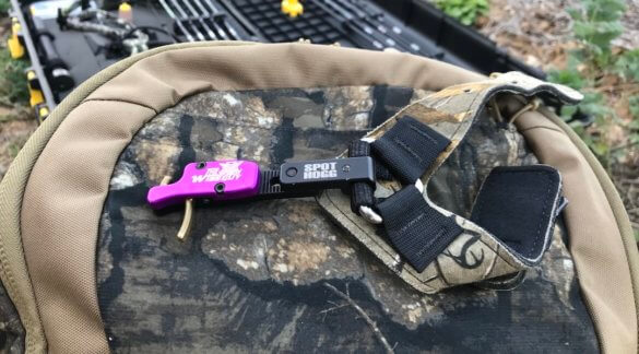 This review photo shows the Spot-Hogg Wiseguy bow release outside.