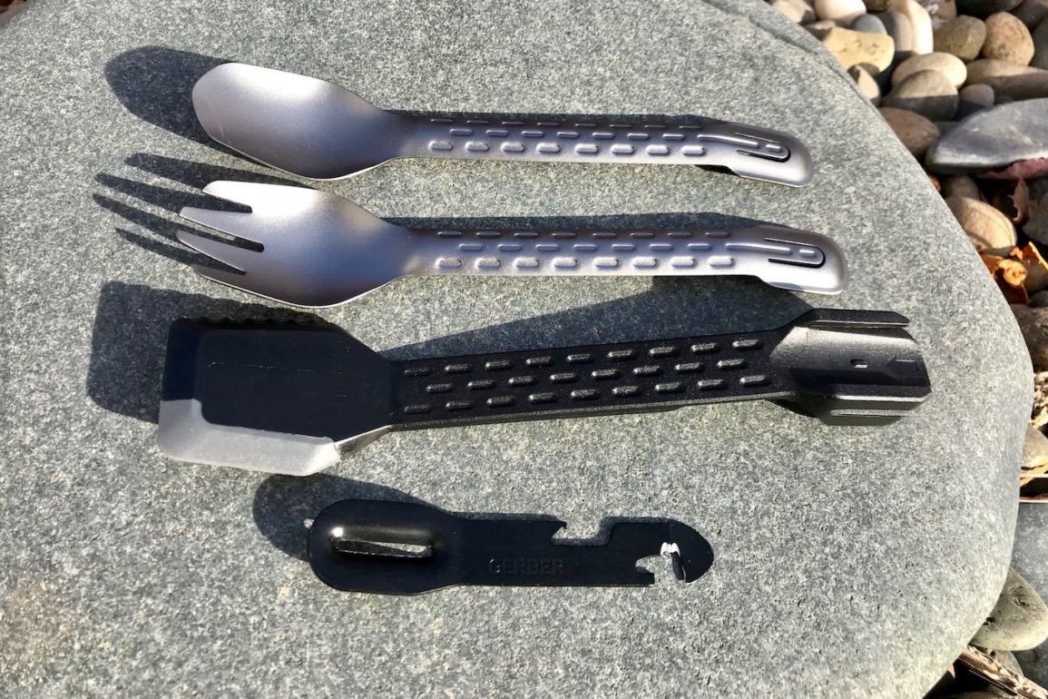 This photo shows the Gerber ComplEAT backpacking and camping utensil set.