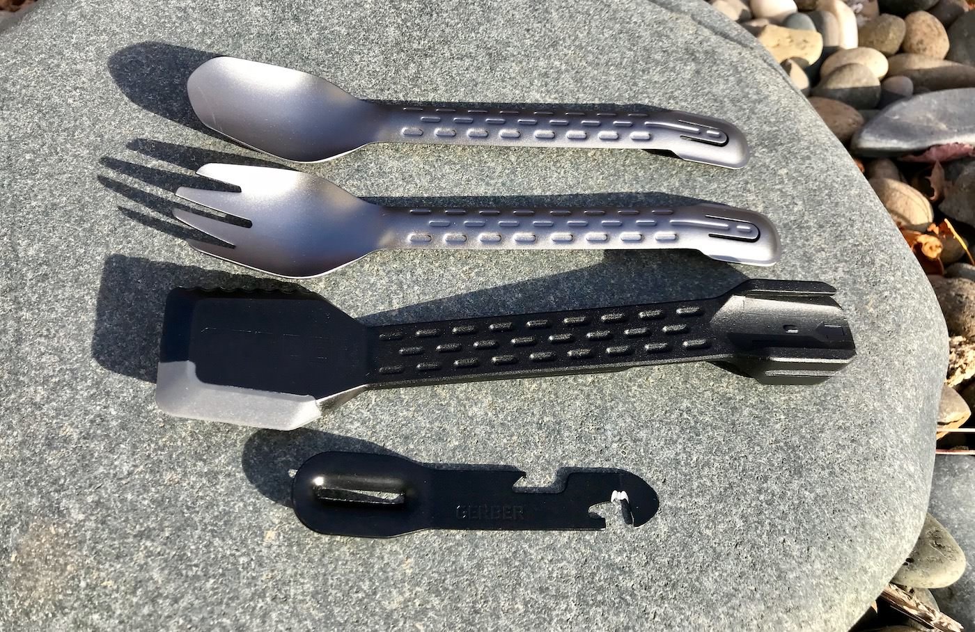 This photo shows the Gerber ComplEAT backpacking and camping utensil set.