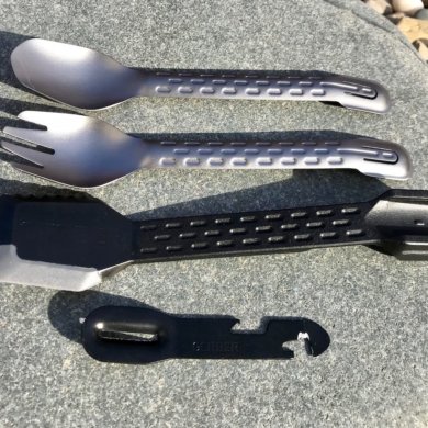 This photo shows the Gerber ComplEAT backpacking and camping utensil set.