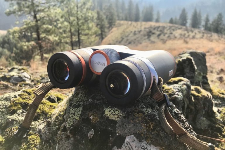 This photo shows the Maven B.1 Binoculars outside on a rock.
