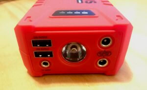 This photo shows the front charging ports on The Zeus portable car battery jump starter.