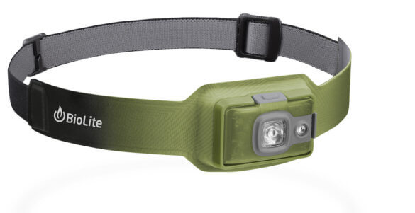 This photo shows the BioLite HeadLamp 200 headlamp in the moss green version.